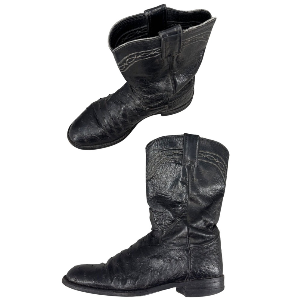 Justin Boots Black Full Quill Ostrich Leather Roper Cowboy Boots Women's 6.5